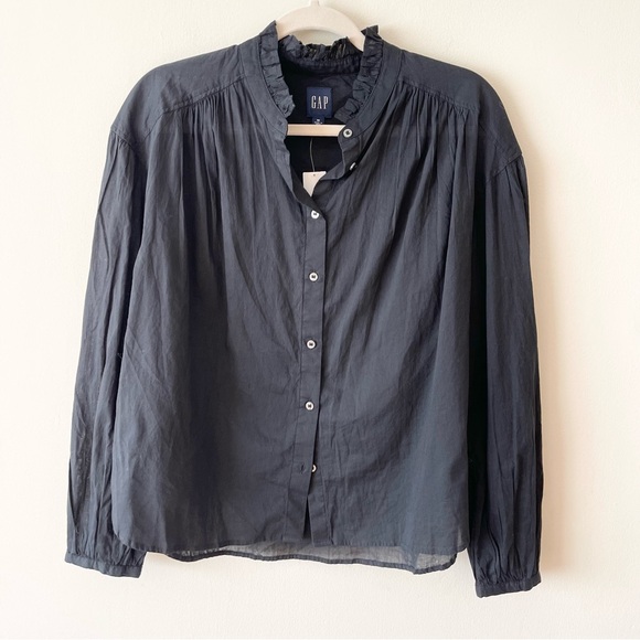 Gap long sleeve button front blouse ruffled collar women’s size M black - Picture 1 of 8